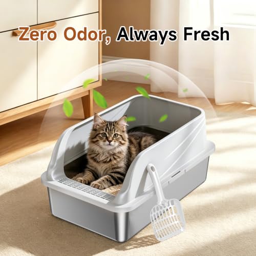 XL Stainless Steel Cat Litter Box with high Sides (silver gray xl)