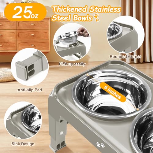 Elevated Dog Bowls for Small Dogs 3 Height Adjustable Raised Dog Bowl Stand with 25oz Stainless Steel Food Bowls Anti (Light Brownish Gray / 6" for Small Dogs)