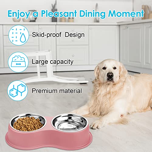 Stainless Steel Dog Bowls Double Non (Large-34oz / 5.Pink)
