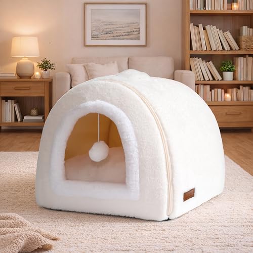 Cat Bed for Indoor Cats (Cream / L:(17.5"×16.8"×15.8"))