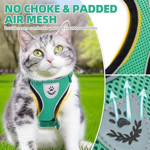 Cat Harness and Leash Set Escape Proof Reflective Cat Walking Harness Adjustable Soft Breathable Mesh Vest for Small Pets (M (NECK 11"-13.7", CHEST 16"-20") / Dark Green)