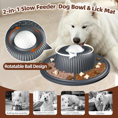 2-in-1 Dog Slow Feeder Bowl & Lick Mat with 2 Rotatable Balls, No-Slip Silicone Anxiety Relief Treat Mat for Dogs & Cats, Dishwasher Safe (Gray) (Gray)