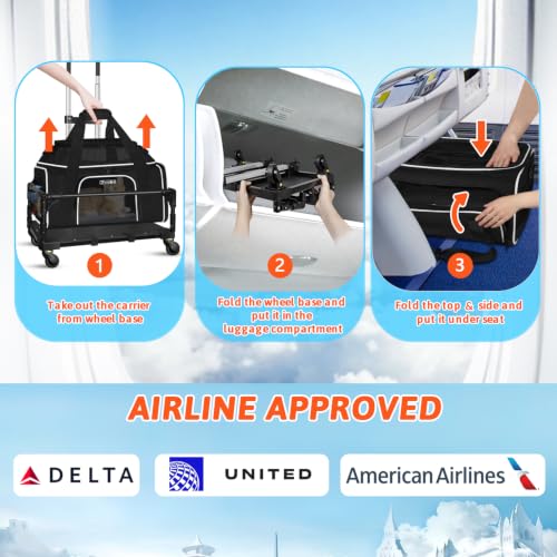 Top & Side Expandable Small Pet Carrier with Wheels Airline Approved (Black with wheels / 18.0"L x 11.0"W x 11.0"H)