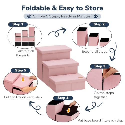 3 Step Wide Dog Stairs with Hidden Storage 18" H (Pink / 30"D x 17"W x 17.7"H)
