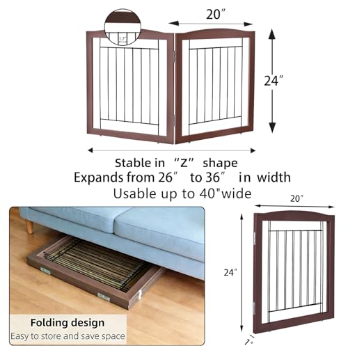 Freestanding Foldable Dog Gate for House Extra Wide Wooden Indoor Puppy Gate Stairs Doorways Pet Gate Tall Dog Fence 2 Panels Fence Brown (Brown / 【2 Panels】40''w x 24''h)