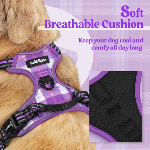 Dog Harness No Pull for Large Dogs with 2 Leash Clips (Large / Purple Plaid)