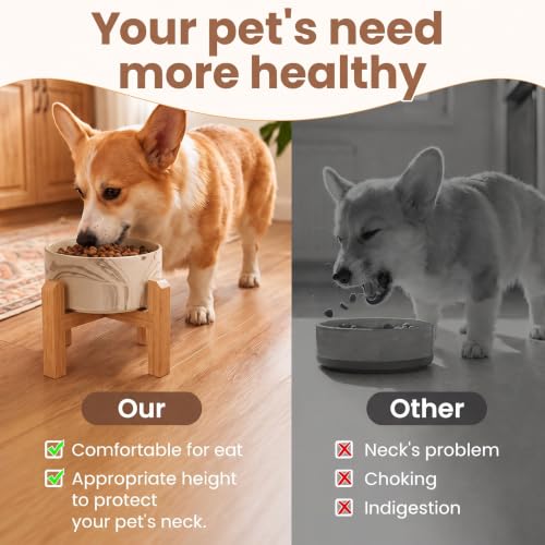 Elevated Ceramic Dog Bowl with Bamboo Stand (Marble Brown / 3.6Cup)