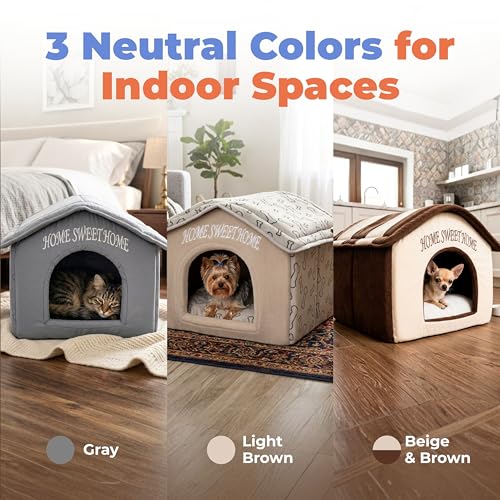 Cat Bed for Indoor Cat (Beige w/ Brown Stripes / 16" x 16" x H:14")