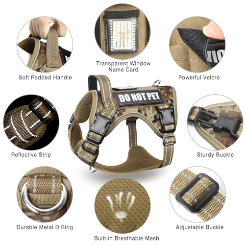 Tactical Dog Harness and Leash Set with 10 Patches for Large Dogs (Large / Desert Camo)