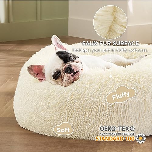 Calming Small Dog Bed Donut Washable Cat＆Puppy Bed (23"L x 23"W x 8"Th / Ivory Beige)