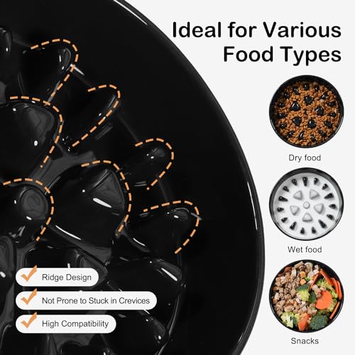 Ceramic Slow Feeder Dog Bowls with Silicone Base (Medium-8 inches / Black)