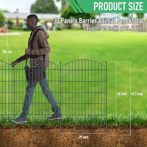 10 Panel No Dig Metal Garden Fence 40"H x 23.6'L Dog Fence Outdoor for Yard (10pc 23.6 ft(L) X 40 in(H)-Convex)
