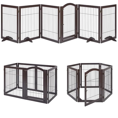 144" Extra Wide Dog Gate and Pet Playpen with Walk Through Door (Espresso / 144"W×31.5"H)