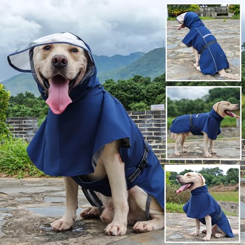 Pet Dog Raincoat Jacket Large Dog Rain Poncho with Transparent Hood (Dark Blue / XL-Fit for 12-18 lbs)