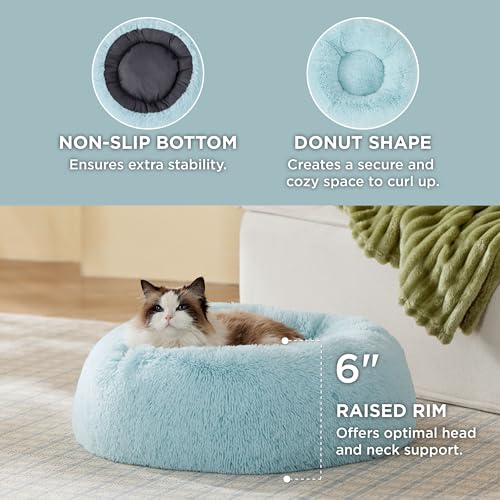 Calming Cat Beds Donut Round Washable Kitten Bed (20"L x 20"W x 6"Th / Aqua Blue)