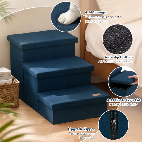 3 Step Wide Dog Stairs with Hidden Storage 18" H (Navy / 30"D x 17"W x 17.7"H)