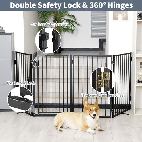 Metal Freestanding Dog Gates with Door for Outdoor Indoor (Black / 【4 Panels with Door】 24''H*80''W)