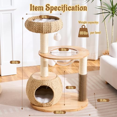 Modern Cat Tree for Indoor Small & Medium Cats (Natural w/ Capsule-38")