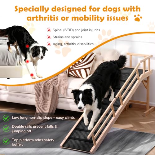 74" Wooden Dog Ramp with Platform & Wheels Gentle Slope Non (XL-74"L×17"W×25"H)
