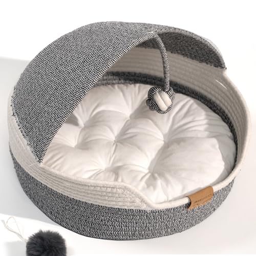 Cat Basket Bed with Washable Cushion and Ball Rope Cotton (Blue)