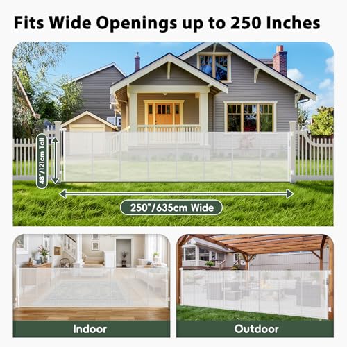 250" Extra Wide Retractable Dog Gate Outdoor Retractable Gate for Driveway (White / (48" Tall x 250" Wide))