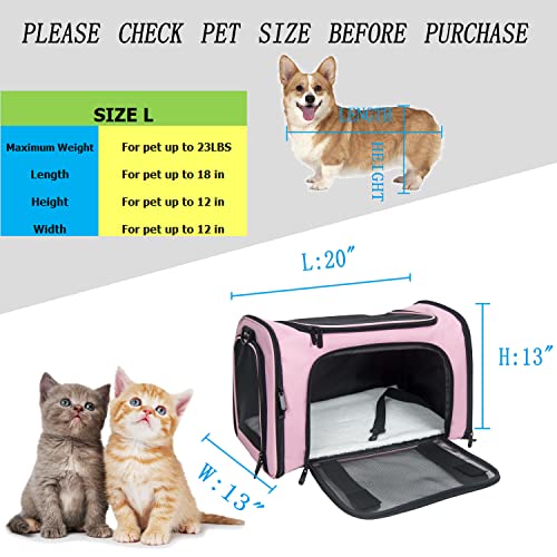 Soft Sided Carrier for Small Medium Cats Dogs (20.0"L x 13.0"W x 13.0"H / Pink)