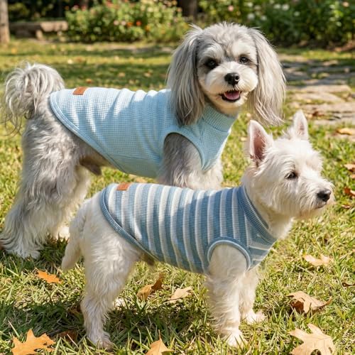 3Pack Dog Shirts Lightweight Waffle Dog Shirt for Small DogsSleeveless Dog Shirt for Small Medium Boy Girl Dogs Cozy & Breathable Pet Vest (XXS(Back: 7.9", Chest: 11.8", 1.1-3.3lbs) / Striped+Light Blue+Iron Blue)