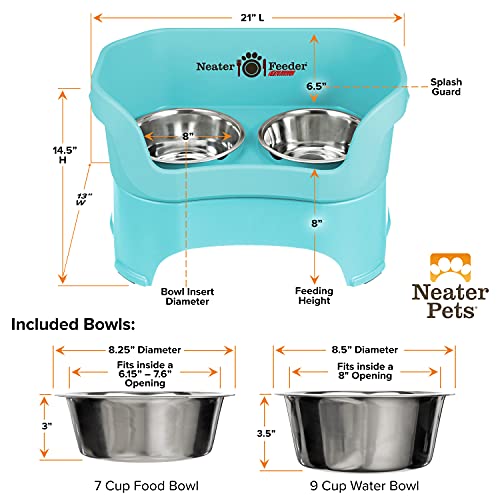 Neater Feeder Deluxe Mess Proof Dog Bowls Elevated for Large Dogs Over 40 lbs (Large with Standard Bowl / Aquamarine)