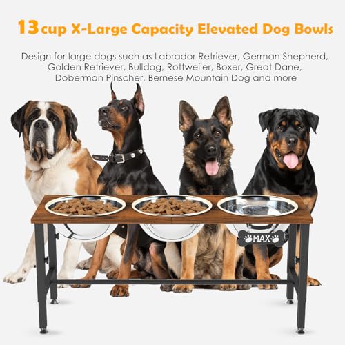 XXLarge Wooden Elevated Dog Bowl Stand (Brown-XX, 3 Bowls / Height:11.8 in-17.7 in)