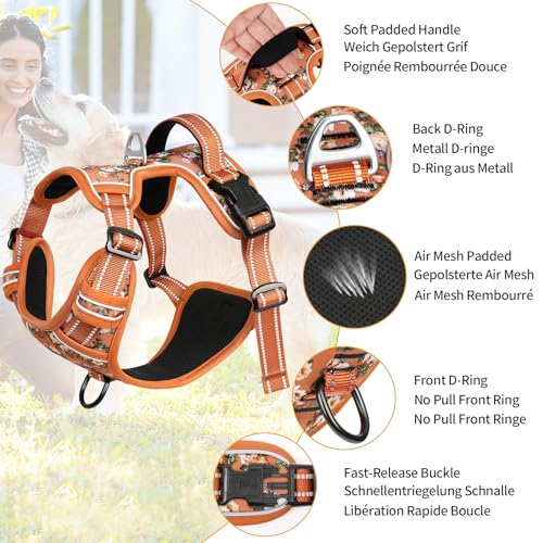 Dog Harness No Pull Adjustable Padded Reflective Harness for Small Medium Large Dogs with Handle for Walking Training (XS / Flower-Orange)