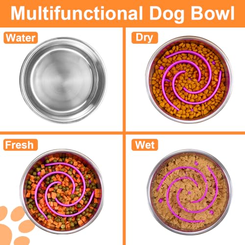 2-in-1 Metal Dog Bowl with Slow Feeder Insert, Stainless Steel Dog Bowls Food Grade 304, Water Food Bowl with Anti-Slip Silicone Base for Small & Medium Dogs(Purple, 3 Cups) (2 Cups / Purple)
