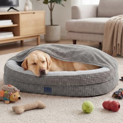 2-in-1 Dog Cave Bed with Cover, Covered Dog Bed for Large Dogs (Gray / 48"L x 35"W x8"Th)