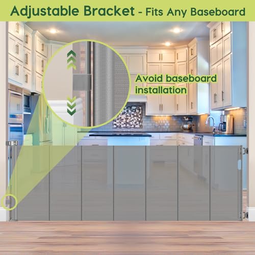 Reinforced 80 Inch Extra Wide Retractable Dog Gate to Prevent Crawling Through (Gray / 33" Tall x 80" Wide（ With Reinforced Bar ）)