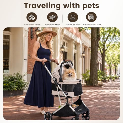 T3 Pro Pet Stroller for Small Dog & Cats up to 44 lbs (Beige & Net Wall / T3 Pro)