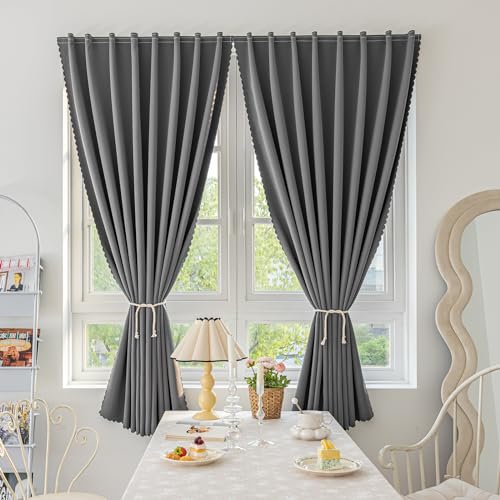 Magic Tape Stick on Curtains Blackout Curtains for Bedroom no Drillng Self Adhesive Curtain no Rod Small Window (Grey / 47"W x 79"L (Pack of 2))