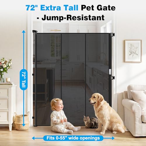 Reinforced 72" Extra Tall Cat Gate for Doorway (Black / 72" Tall x 55" Wide（ With Reinforced Bar ）)