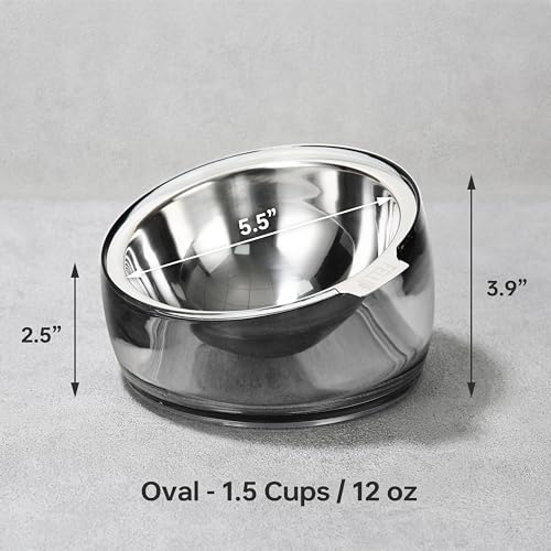 Pet Oblik Acrylic Raised Dog Food Water Bowl Stainless Steel Slanted Oval Dish for Short Leg Puppy & Small Medium Pet (Smoky / 1.5 Cups Oval Dish)