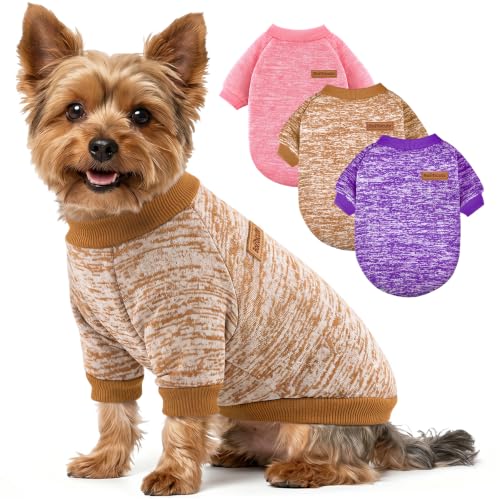 3 Pack Dog Sweaters for Small Dogs Girl Boy Winter Fleece Clothes Warm Soft Dog Sweatshirt Outfit for Dogs Cats Pet Apparel (Khaki+Pink+Purple / XL (Back: 17.7", Chest: 22.8", 18-22 lbs))