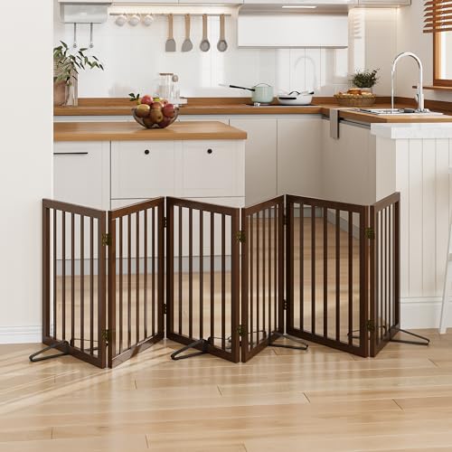 Wooden Dog Gate Freestanding Foldable 6 Panel Pet Gates Extra Wide Dog Gates for Indoor Doorways Stairs 24in Height Support Feet Included (Dark Brown / 6 Panel - 110 inches Wide)