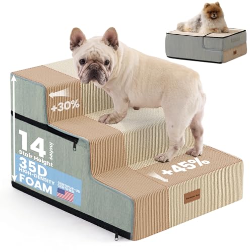 Dog Stairs for Small Dogs 14" H (Beige / 18"x22"x14"Extra Wide)