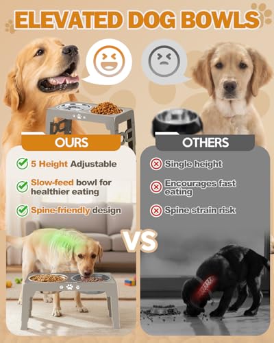 Elevated Dog Bowls for Medium Large Dogs with Mat (for Medium Large Dogs 1 Basic&1Slow Bowl with Mat / Light Borwn Grey)