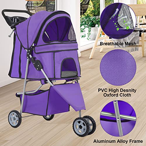 3 Wheel Foldable Pet Stroller (Purple / 3 Wheels)