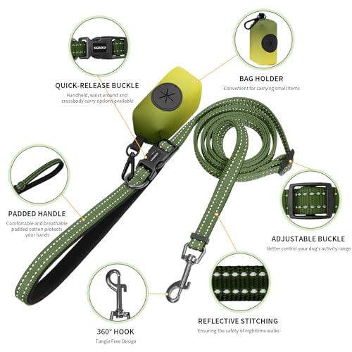 Hands Free Dog Leash with Poop Bag Holder (Green)