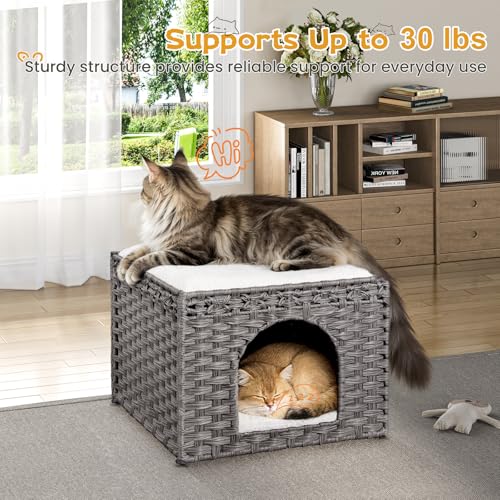 Handwoven Rattan Cat House (Grey)