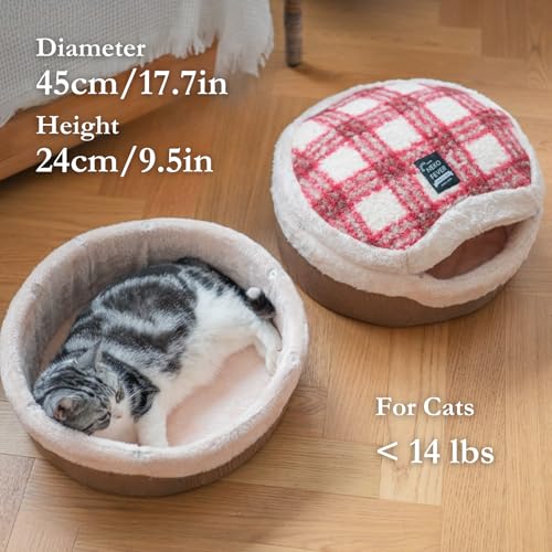 Cat Bed Cave Enclosed Hideaway with Detachable Lid & Mat for Kitten (RedWhite)