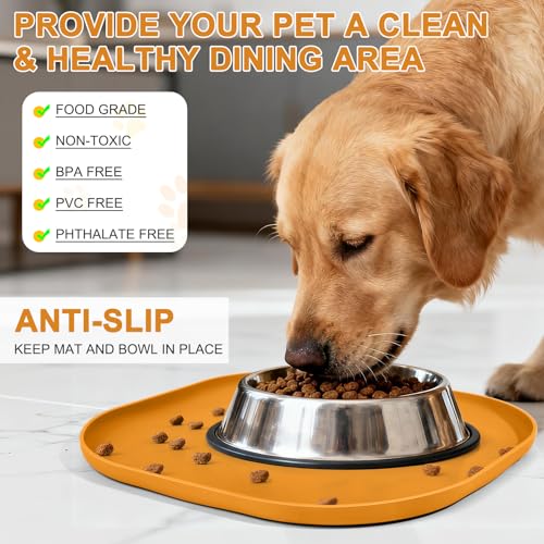 Waterproof Silicone Pet Food Mat with Raised Edge for Dog & Cat (Orange / 12"L x 12"W)