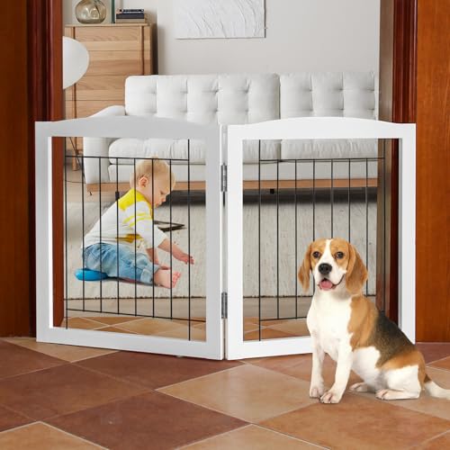 Freestanding Foldable Dog Gate for House Extra Wide Wooden White Indoor Puppy Gate Stairs Pet Gates Doorways Pet Gate Tall Dog Fence 2 Panels (White / 【2 Panels】40''w x 24''h)