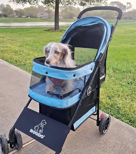 4 Wheel Dog Cat Pet Stroller Best Lightweight Foldable Compact Portable Jogger All Terrain Travel Pet Gear Puppy Doggie Bunny Kitty Stroller for up to 30lbs Medium Small Dogs Cats (Sky blue)