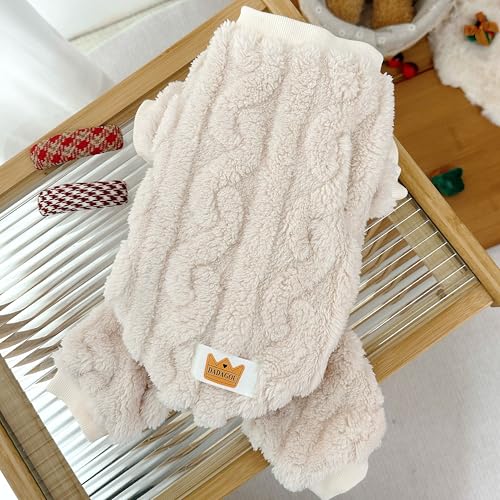 Plush Dog Pajamas for Cold Weather 4 Legged Clothes for Dog Cat Stretchy Puppy Kitten Onesie with Buttons Warm Soft Pet Jumpsuit Winter Coat White Small (Small / White)