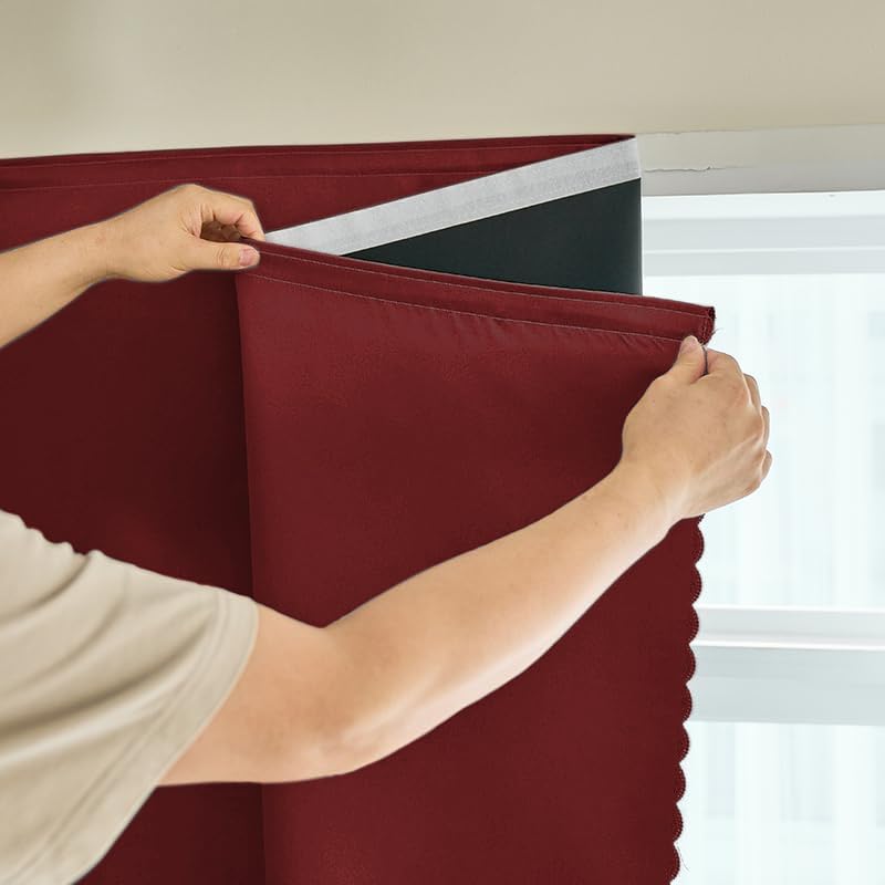 Self Adhesive Curtains 100% Blackout Shades Window Cover Sticky Curtain Portable Easy Open Black Out Curtains for Bedroom Living Room No Drilling (Burgundy/ Thickened / 59"W x 96"L (Pack of 1))